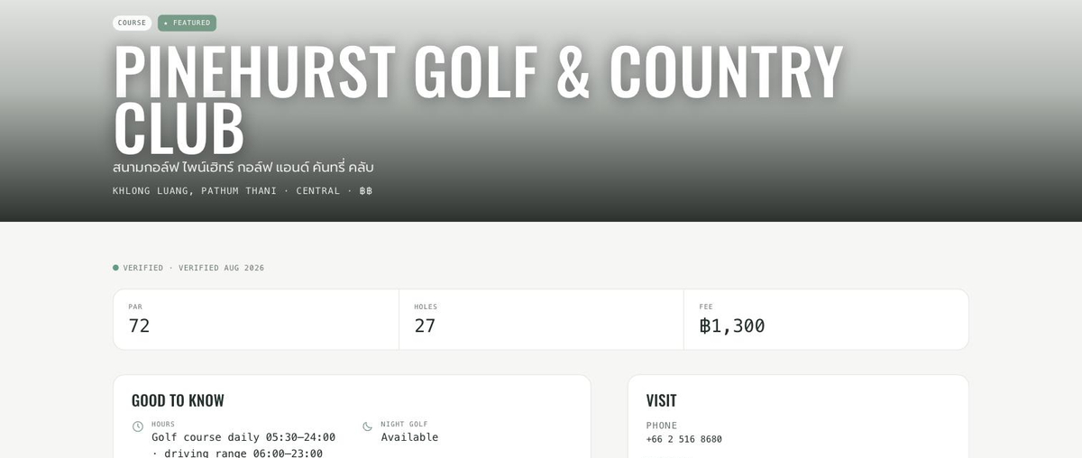 A Weekendpar course page — verified facts, par, holes, green fee and hours